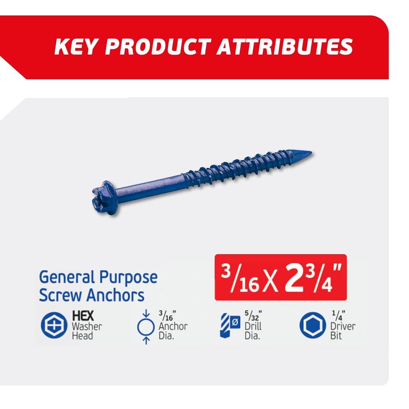 FixMaster 3/16 x 2-3/4" Hex Head Blue Concrete Screw Anchors (100 pcs Screw Kit) with one Screwdriver and Drill Bit for Concrete, Masonry, Block, Brick and Wood Fastening - Image 2